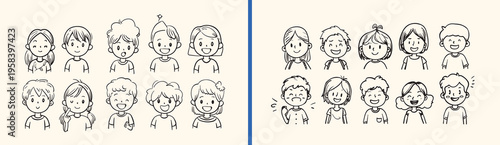 Cute girl expression doodle, hand drawn child character, little girl emotion icons, childhood portrait sketch art, playful kid doodle design, minimal young girl drawing, happy child character set

