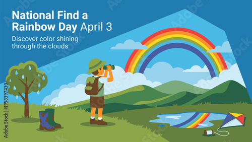 A person observing a vibrant rainbow in a scenic landscape on National Find a Rainbow Day.