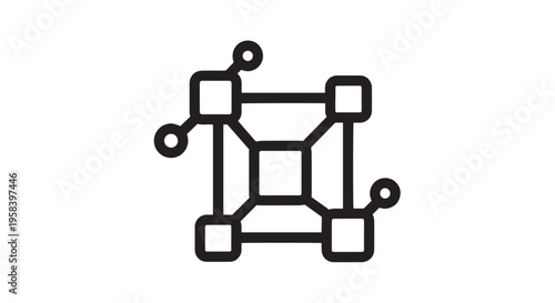 Simple black line art vector graphic illustrating a decentralized network structure or blockchain concept