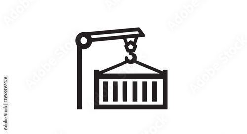 Modern vector graphic illustration showing an industrial crane lifting a large shipping container for global logistics