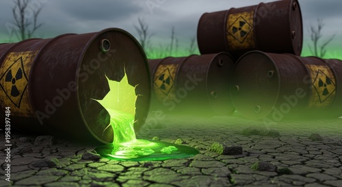 Rusty Barrels Containing Toxic Green Liquid Spill on Barren Cracked Earth Under Gloomy Sky