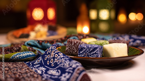 Traditional batik scarf with intricate patterns draped over colorful kuih desserts, celebrating Malaysia Day. event programs.