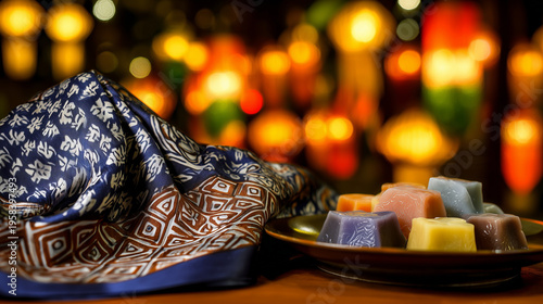 Traditional batik scarf with intricate patterns draped over colorful kuih desserts, celebrating Malaysia Day. event programs.
