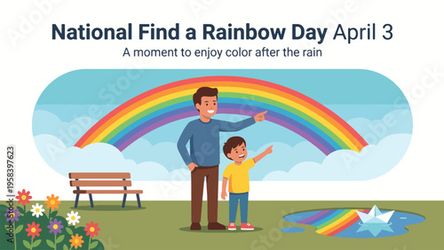 Father and son pointing at a vibrant rainbow in the sky on National Find a Rainbow Day, enjoying colors after the rain.