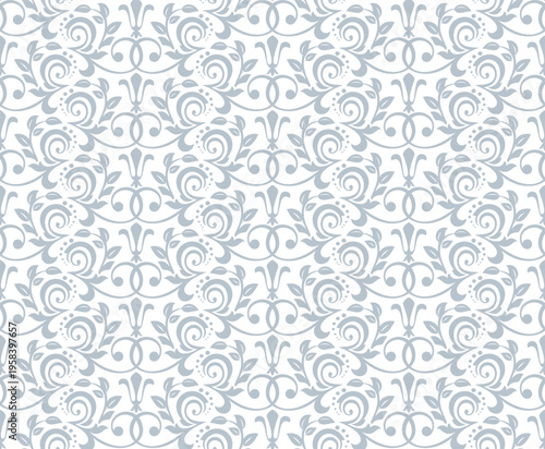 Wallpaper in the style of Baroque. White and gray floral ornament. Seamless vector background. Graphic pattern for fabric, wallpaper, packaging. Ornate Damask flower illustration