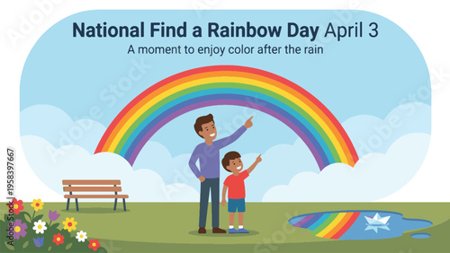 A father and son pointing at a vibrant rainbow in the sky on National Find a Rainbow Day, with a puddle reflecting the colors.