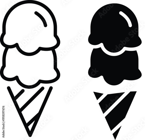 Minimalist double scoop ice cream cone vector icon set in black and white outline and solid fill
