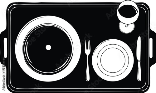 Top view of a formal dining setup with a plate, fork, knife, and a glass of red wine on a dark tray, suggesting a sophisticated meal experience