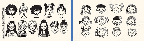 Diverse people faces doodle, hand drawn avatar collection, human expression sketch art, multicultural community icon set, creative character design doodle, minimal people portrait drawing, social dive