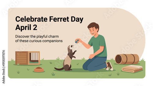 A man kneels on the grass, playing with a ferret, celebrating Ferret Day on April 2nd, with a cage and tunnel nearby.