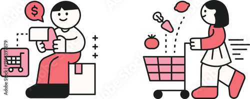 Online shopping and grocery shopping comparison illustration