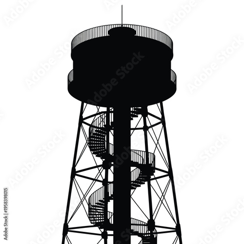 Isolated silhouette of a tall black water tower with a spiral staircase