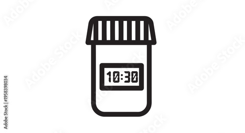 Simple black and white vector illustration of a medicine bottle with a digital time display
