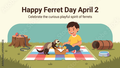 A young boy and a ferret enjoying a picnic outdoors on a colorful blanket, celebrating Ferret Day.