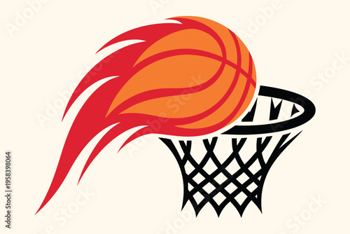Basketball on fire and hoop logo, burning basketball and sports competition icon, athletic team and tournament branding art, energetic basketball game and dunking design, streetball and professional s