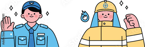 Illustrated depiction of a police officer and firefighter waving cheerfully