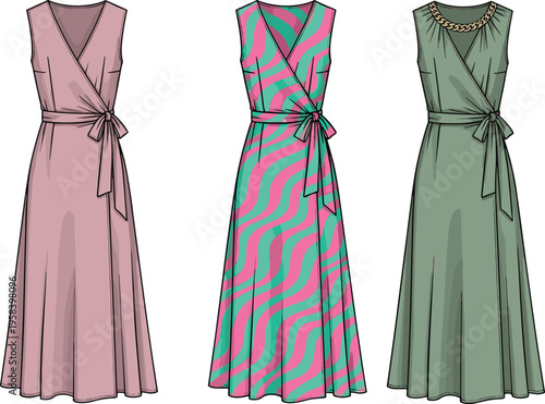 Vector Collection of Women Sleeveless Wrap Maxi Dress Featuring Abstract Wave Print and Solid Colors with Waist Tie and Chain