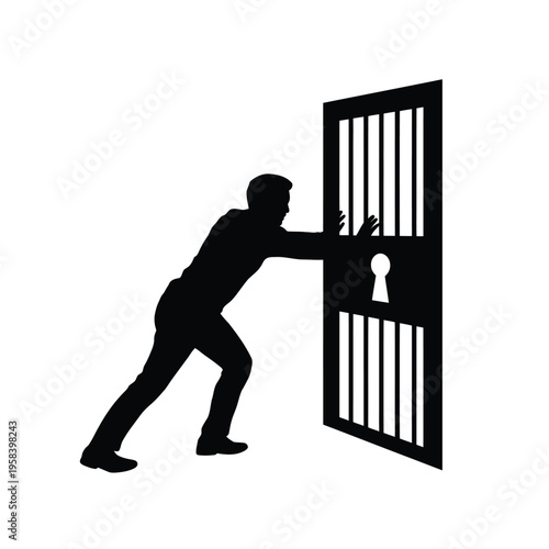 Silhouette of a man pushing open a barred door suggesting escape