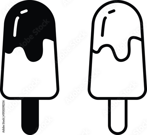 Black and white ice cream popsicle vector icon set with melting chocolate topping design