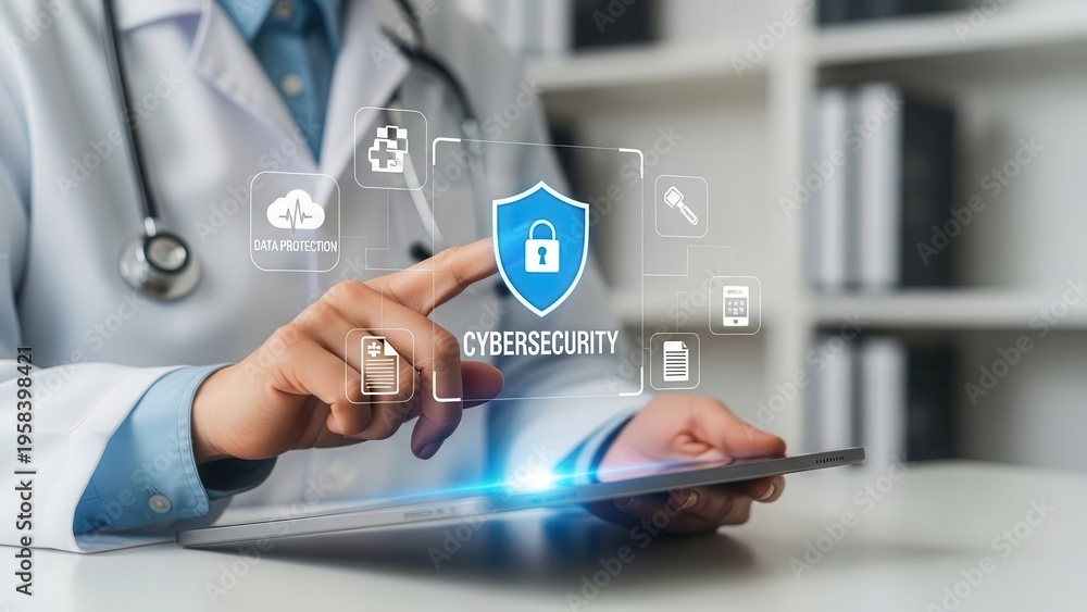 Naklejka premium Doctor using tablet with cybersecurity interface in office