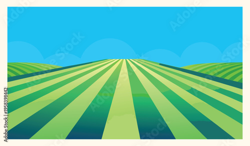 Green field sunny landscape, open farm land horizon, bright summer nature background, agricultural farm field view, blue sky outdoor scenery, fresh grass pasture illustration, sunny day environment de