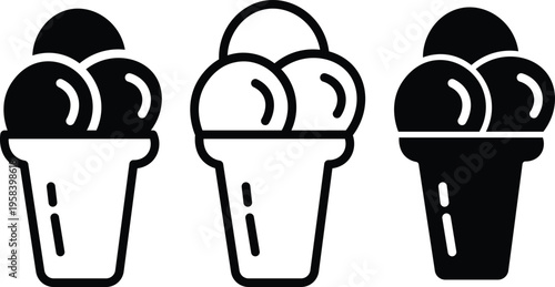 Set of 3 black and white ice cream cone vector icons for dessert menus and summer designs
