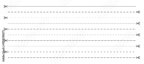 Dot line cut with scissors icon. Big border set with dash dot black and cut design notebook. Pattern straight vector with abstract background collection and cross cute decorative.