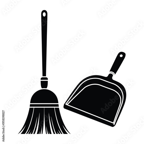 Simple black and white illustration of a broom and dustpan set