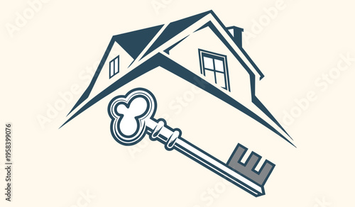 House key real estate logo, home ownership and mortgage, property buying investment icon, real estate agency branding, blue house with key design, secure home housing symbol, residential property sale