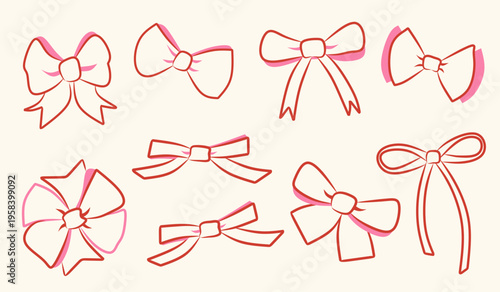 Vector Illustration of 9 pink girly vintage bow set. Y2k bow hair decor flat. Ribbons isolated. Trendy girls accessories. Hairstyle elements collection for valentine's day, birthday, wedding, party.