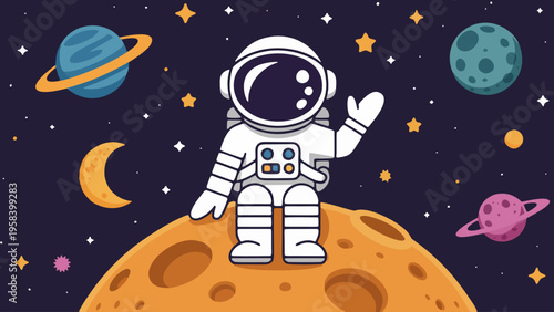 Cosmic Explorer: A cartoon astronaut waves cheerfully from a celestial landscape with planets, stars, and moon, celebrating the thrill of space exploration and scientific discovery.