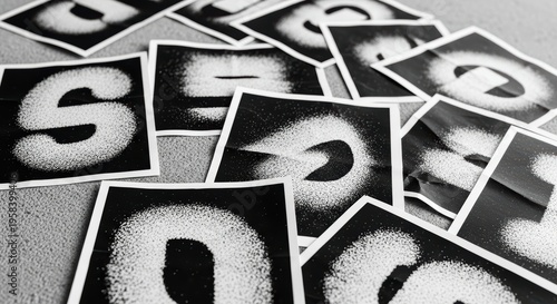Scattered Black And White Stencil Art Letters And Numbers On Textured Surface In Overlapping Arrangement
