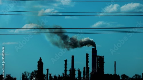 4K 59,94 fps Industrial Skyline: Smoking Factory Chimneys and Power Lines