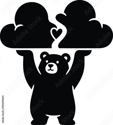 Cute bear holding two stylized clouds with a heart symbol. Vector illustration