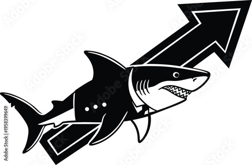 Aggressive business shark in suit with upward arrow for financial growth. Vector illustration