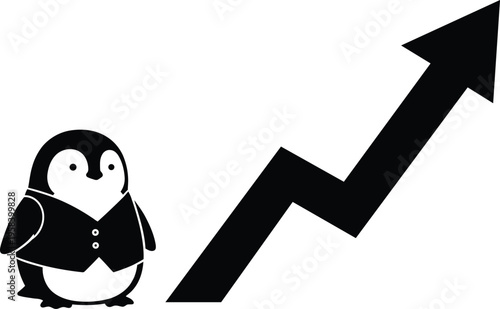 Business growth concept with cute penguin mascot and rising arrow chart. Vector illustration