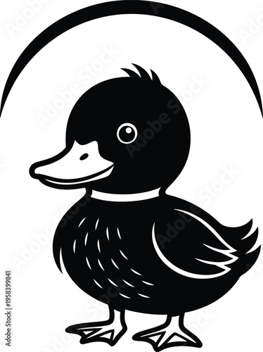Cute baby duckling cartoon character simple black white graphic. Vector illustration