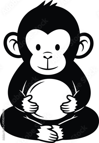 Cute cartoon monkey holding a sphere, simple graphic design for children. Vector illustration