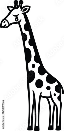 Crying giraffe cartoon character with tear, simple black and white illustration. Vector illustration