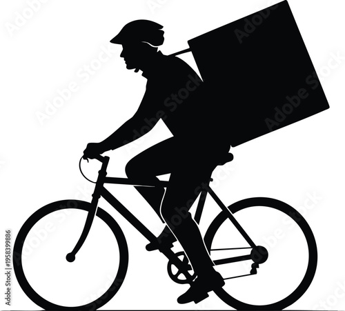 Silhouette of a delivery person riding a bicycle with a large box on their back, representing quick and efficient delivery services