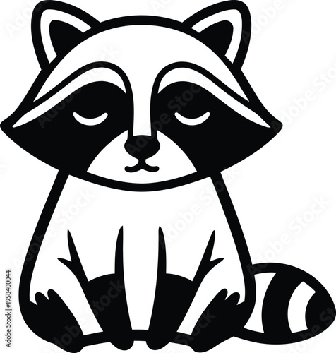Cute cartoon raccoon sitting peacefully with closed eyes. Vector illustration