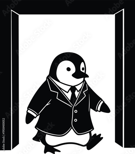 Cute cartoon penguin in business suit walking through doorway. Vector illustration