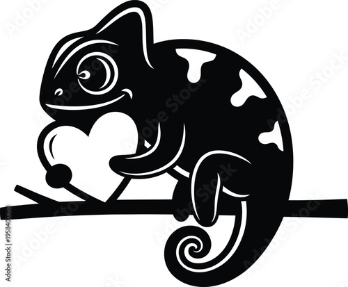 Cute chameleon holding heart on branch. Vector illustration