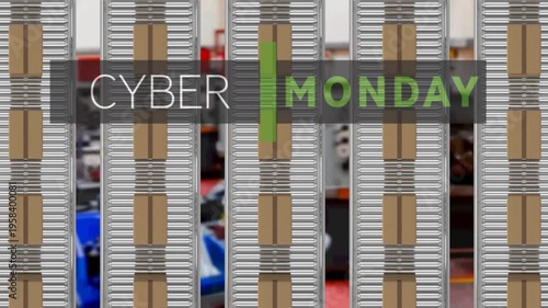 Animation of cyber monday text over cardboard boxes on conveyor belts in warehouse