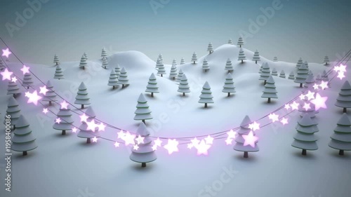 Glowing star shaped fairy lights decoration against snow falling over winter landscape