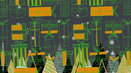 Snowflakes falling over multiple christmas tree icons over christmas gift icons in seamless pattern