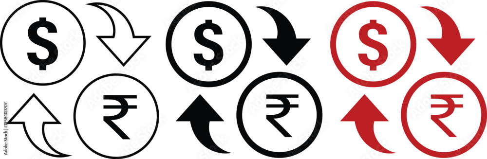 Fototapeta premium Set of 3 Dollar and Rupee Currency Exchange Icons Vector in Outline, Solid, and Red Styles