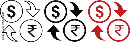 Set of 3 Dollar and Rupee Currency Exchange Icons Vector in Outline, Solid, and Red Styles