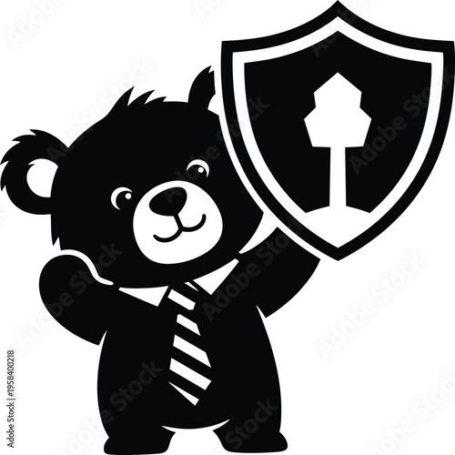 Friendly bear character in business tie holding shield with tree symbol. Vector illustration