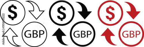 Set of 3 Dollar and GBP currency exchange vector icons in outline, solid black, and red styles